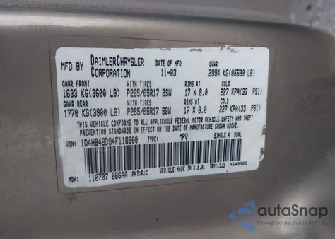 2004 Dodge Durango Slt from USA, damaged, VIN 1D4HB48D94F116900